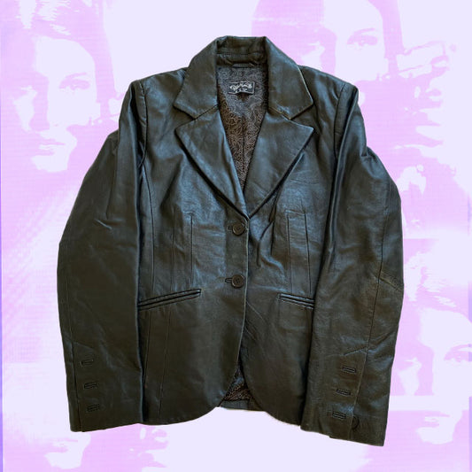 Vintage 90s Oversized Black Leather Blazer Jacket (38)