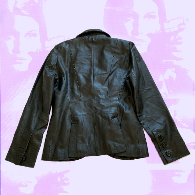 Vintage 90s Oversized Black Leather Blazer Jacket (38)