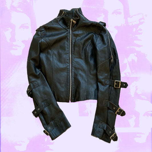 Vintage 90s Cropped Black Leather Jacket (36)