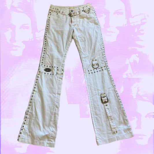 Vintage Y2K White Denim Jeans with Eyelet and Lace-Up Details (34)