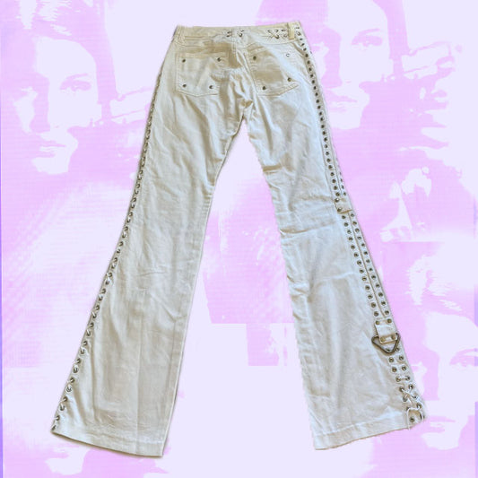 Vintage Y2K White Denim Jeans with Eyelet and Lace-Up Details (34)