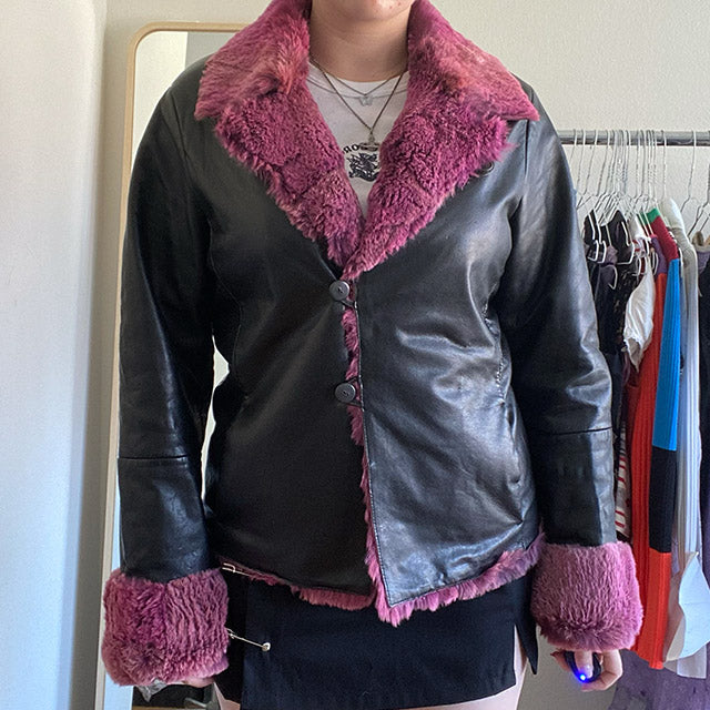Vintage 90s Leather Jacket with Pink Fur Trim (S/M)