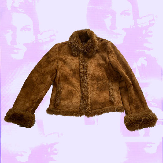 Vintage 90s Fur Trim Tan Jacket (L)