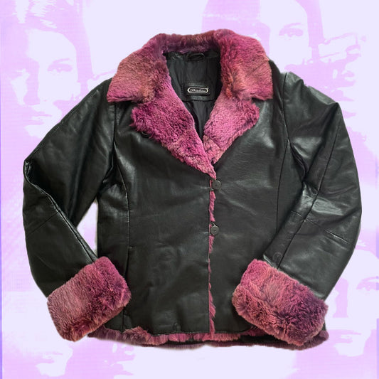 Vintage 90s Leather Jacket with Pink Fur Trim (S/M)