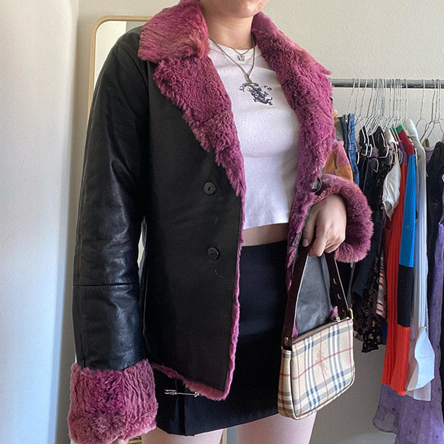 Vintage 90s Leather Jacket with Pink Fur Trim (S/M)