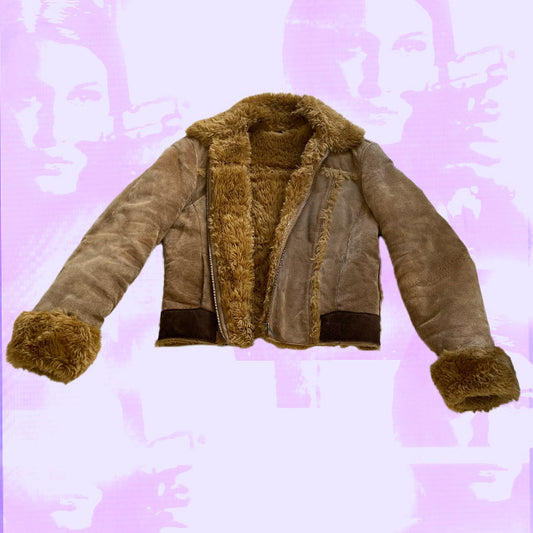Vintage 90s Vegan Brown Furry Trim Jacket (M)