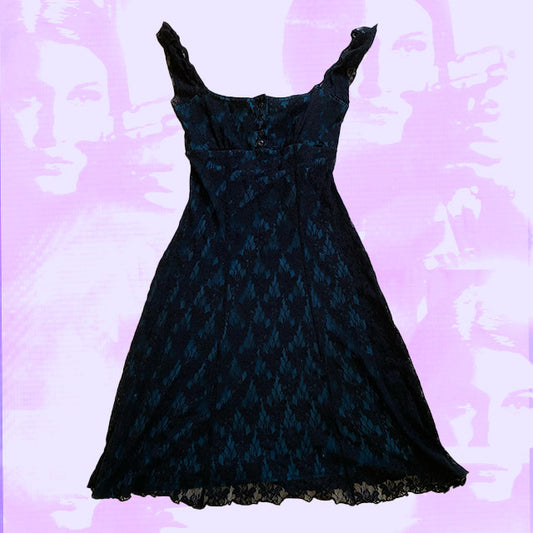 Vintage 90's Fairy Grunge Blue Mesh Dress with Lace Overlay (36)