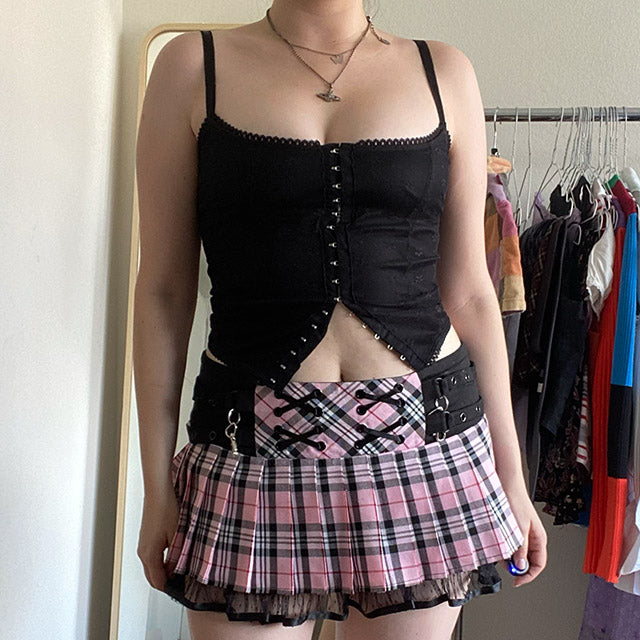 Vintage Y2K Pink Plaid Ruffle Micro Mini Skirt (XL)