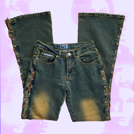 Vintage Y2K Low Waist Jeans with Lace Up Detail (34)