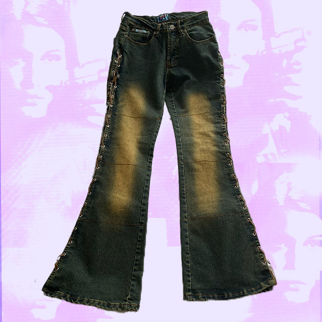 Vintage Y2K Low Waist Jeans with Lace Up Detail (34)
