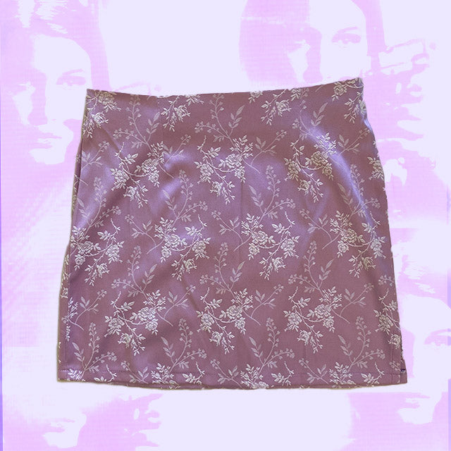 Vintage 90's Pink Embroidered Satin Skirt with Side Slit (36)