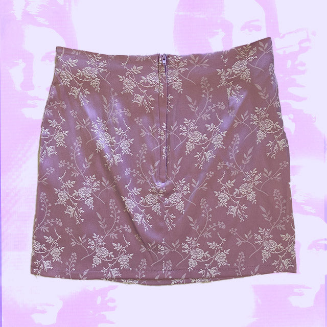 Vintage 90's Pink Embroidered Satin Skirt with Side Slit (36)