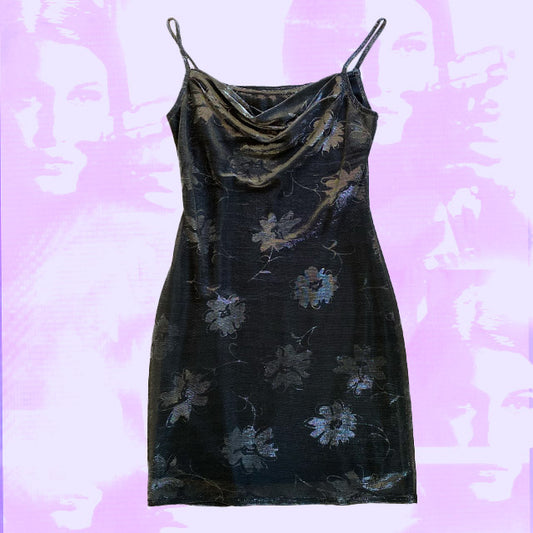 Vintage 90's Shimmery Silver Floral Cowl Neck Dress (36/38)