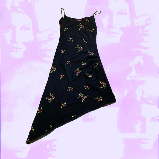 Vintage 90's Asymmetric Black Dress with Embroidered Roses (36/38)