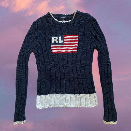 Vintage 90's Polo Ralph Lauren Flag Navy Sweater (S)
