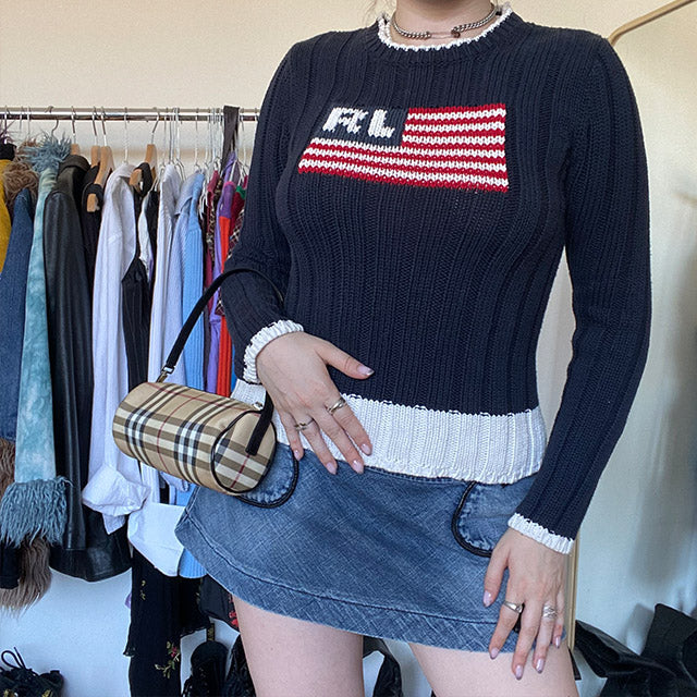 Vintage 90's Polo Ralph Lauren Flag Navy Sweater (S)