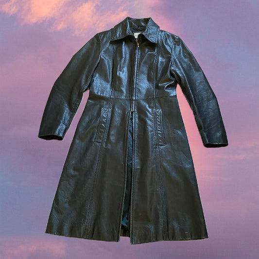 Vintage 90s Matrix Style Black Leather Maxi Coat (38 EU)
