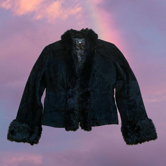 Vintage 90s Black Furry Trim Suede Jacket (M/L)