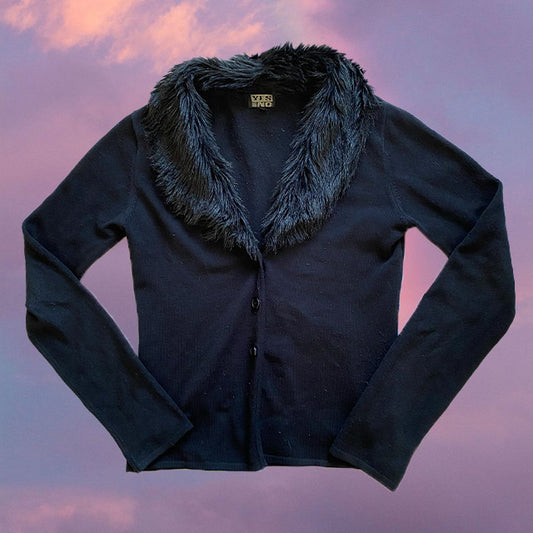 Vintage 90's Black Cardigan with Fake Fur Collar (L)