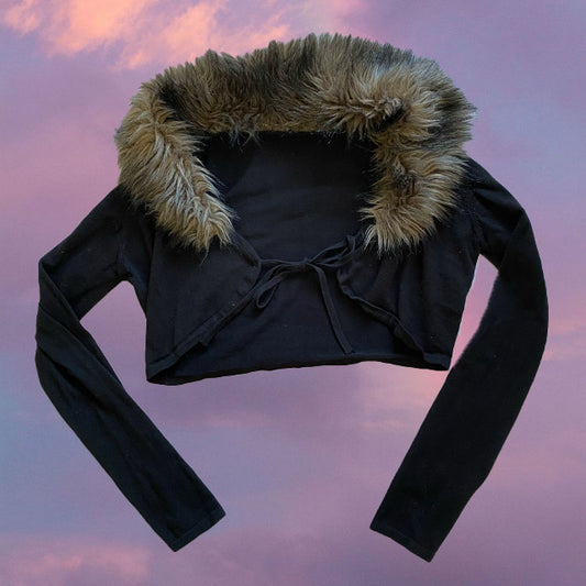 Vintage 90's Black Cropped Cardigan with Brown Fake Fur Collar (M)