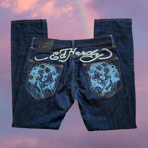 Y2K Ed Hardy Low Rise Flare Jeans Swarovski Crystal Skull