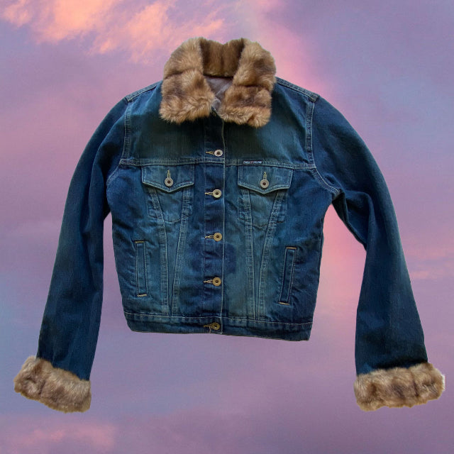 Vintage 90's Gilmore Girls Style Furry Trim Button Denim Jacket (S)