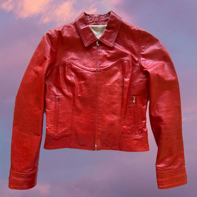 Vintage 90's Double Zip Red Leather Jacket (XS/S)