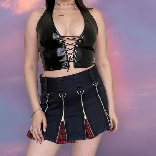 Vintage 90's Cyber Goth Skirt with Zipper and Plaid Detail (M/UK 12)