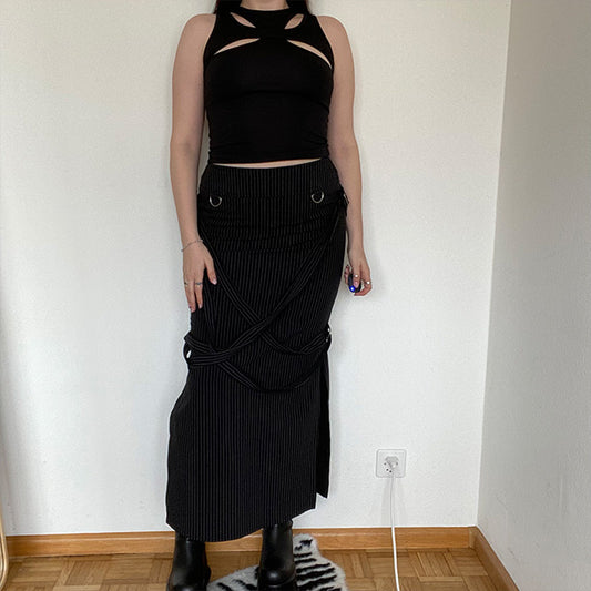 Vintage 90's Cyber Goth Pinstripe Maxi Skirt with Slit (36 EU/UK 8)