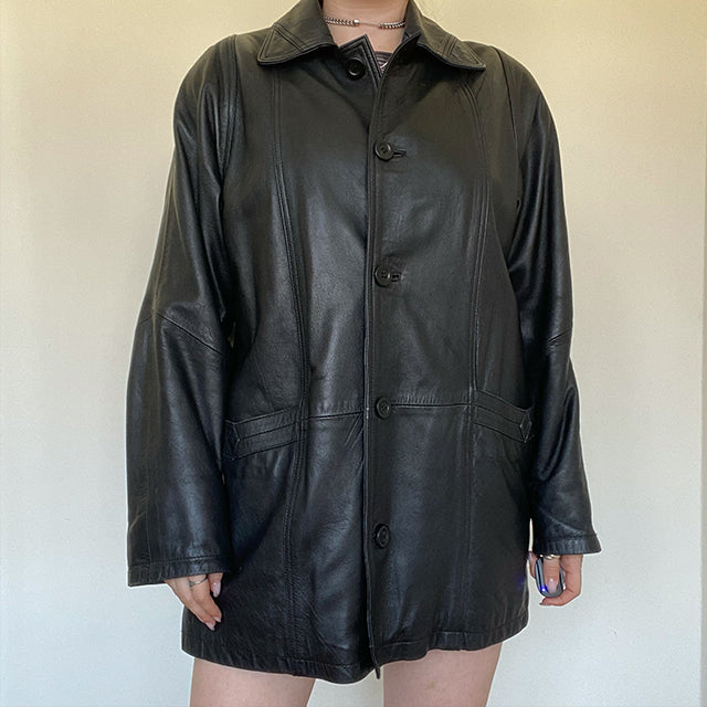 Vintage 90's Black Leather Coat (40 EU / 12 UK)