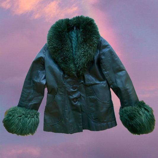 Vintage 90's Green Leather Coat with Fur Trim (XS/S)