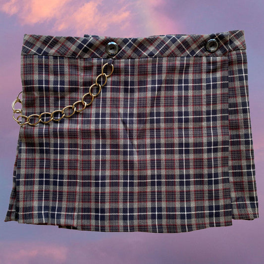 Vintage 90's Cyber Goth Imperial Plaid Pleated Miniskirt with Chain (S)
