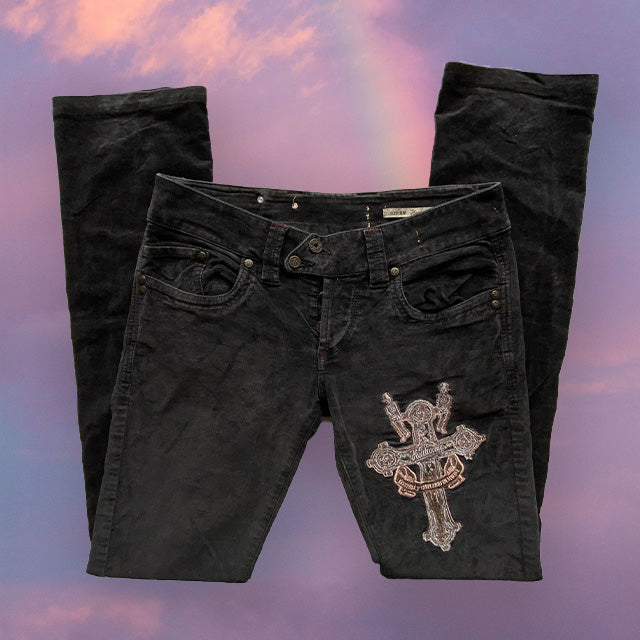 Vintage Y2K Cyber Grunge Low Waist Flared Velour Trousers with Embroidered Cross Detail (38 EU/UK 12)