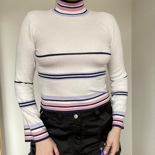 Vintage 90's Rory Gilmore Striped Cropped Turtleneck Sweater (XS/S)