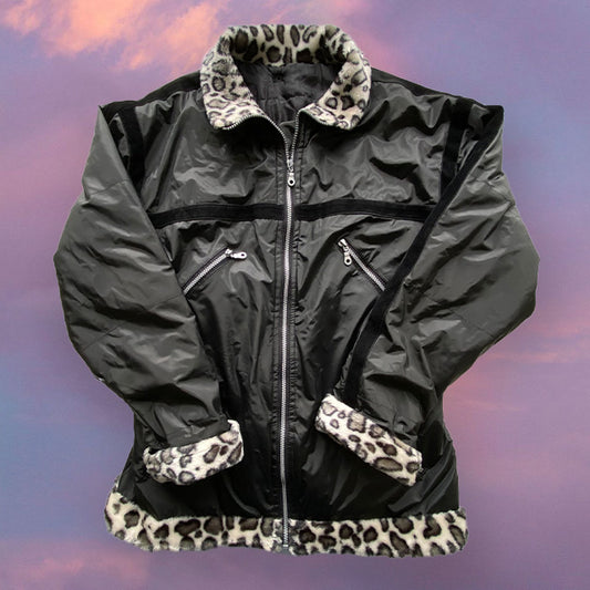 Vintage 90's Cyber Rave Oversize Jacket with Leopard Trim (M)