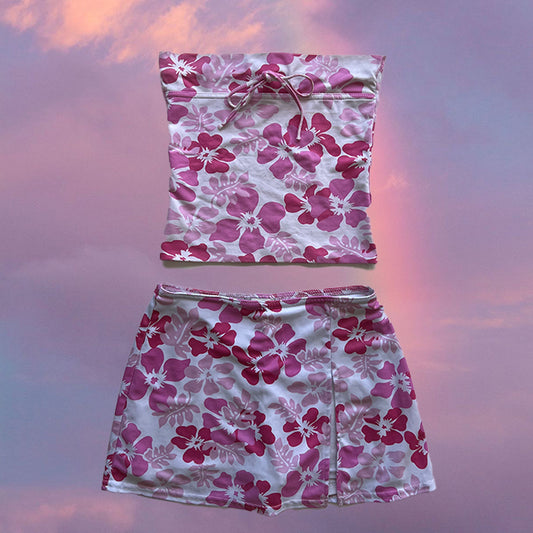 Vintage 90's Summer Pink Hibiscus Beachwear Set (XS)