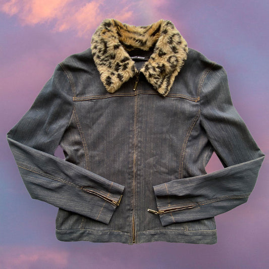Vintage 90's Skater Denim Zip Jacket with Leopard Collar (M)