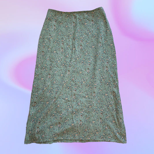 Vintage 90's Style Green Floral Midi Skirt with Side Slit