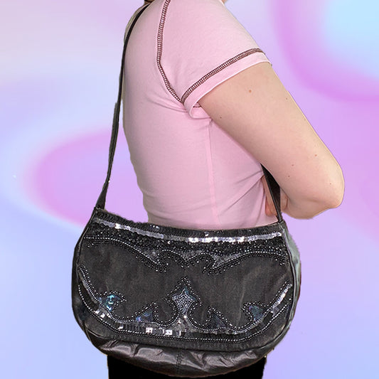 Vintage 90's Black Denim Bag with Sequin Detailing