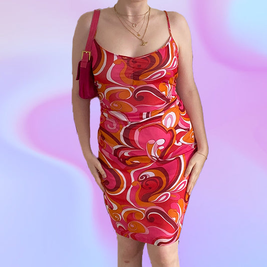 Vintage Y2K Groovy Print Mesh Midi Dress