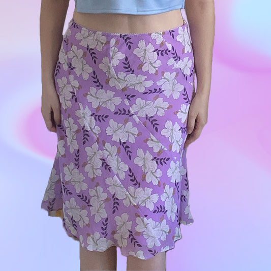 Vintage Y2K Hibiscus Print Mesh Midi Skirt