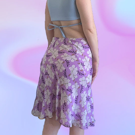Vintage Y2K Hibiscus Print Mesh Midi Skirt
