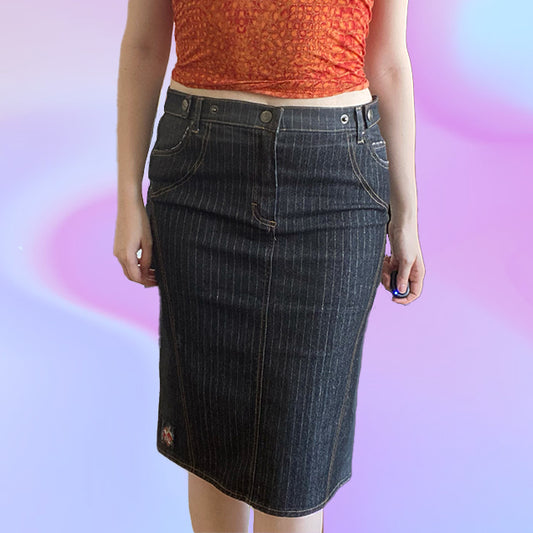 Vintage Y2K Just Cavalli Shiny Pinstripe Midi Denim Skirt