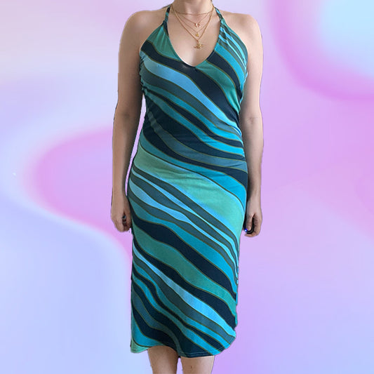 Vintage Y2K Groovy Print Midi Halter Dress