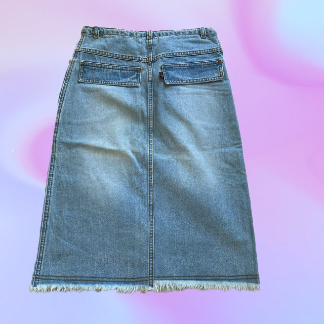Vintage Y2K O'Neill Midi Denim Skirt with Hibiscus Detail