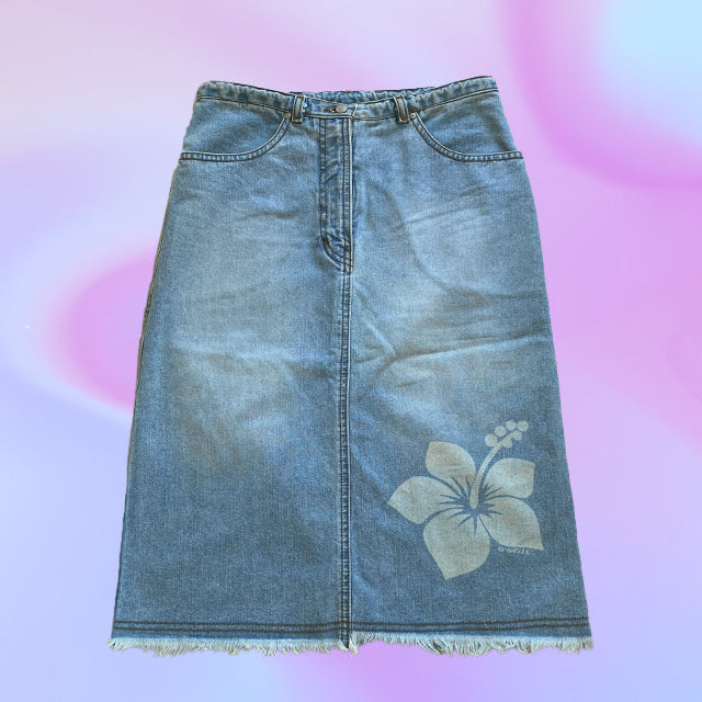 Vintage Y2K O'Neill Midi Denim Skirt with Hibiscus Detail