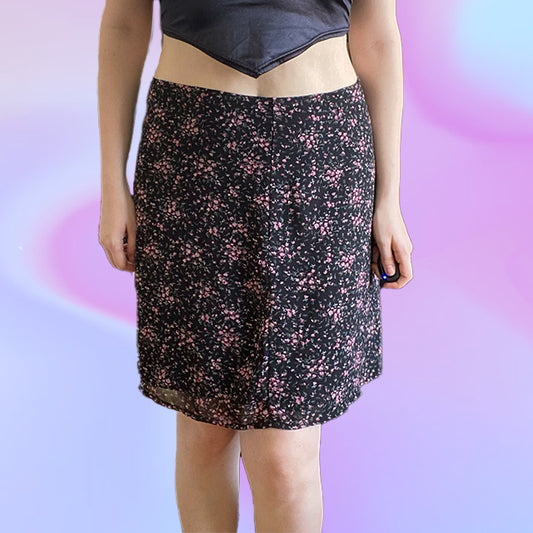 Vintage 90's Black Floral Mesh Midi Low Waist Skirt