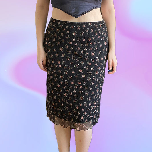 Vintage 90's Black Ditsy Floral Mesh Midi Skirt