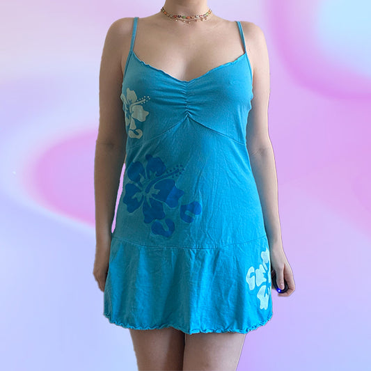 Vintage Y2K Blue Hibiscus Dress