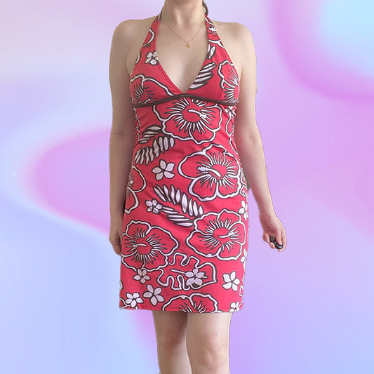 Vintage Y2K Hibiscus Halter Dress